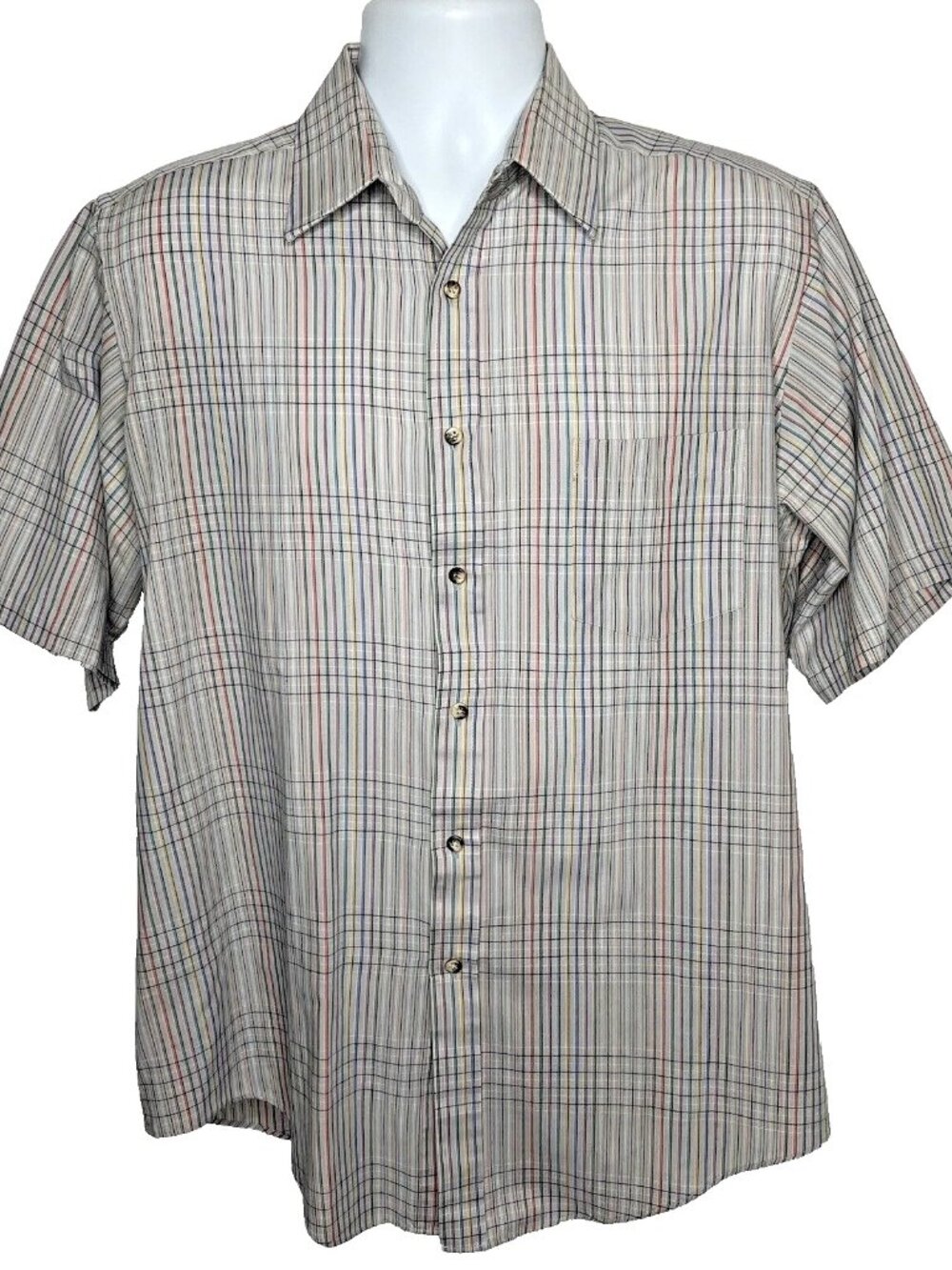 Vintage 70s Centura Button Up Shirt Size L Gray Rainbow Plaid Short Sleeve